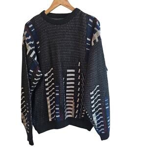 Vintage Knit Sweater Mens XL Black 90s Geometric Cosby Academia Retro Grandpa